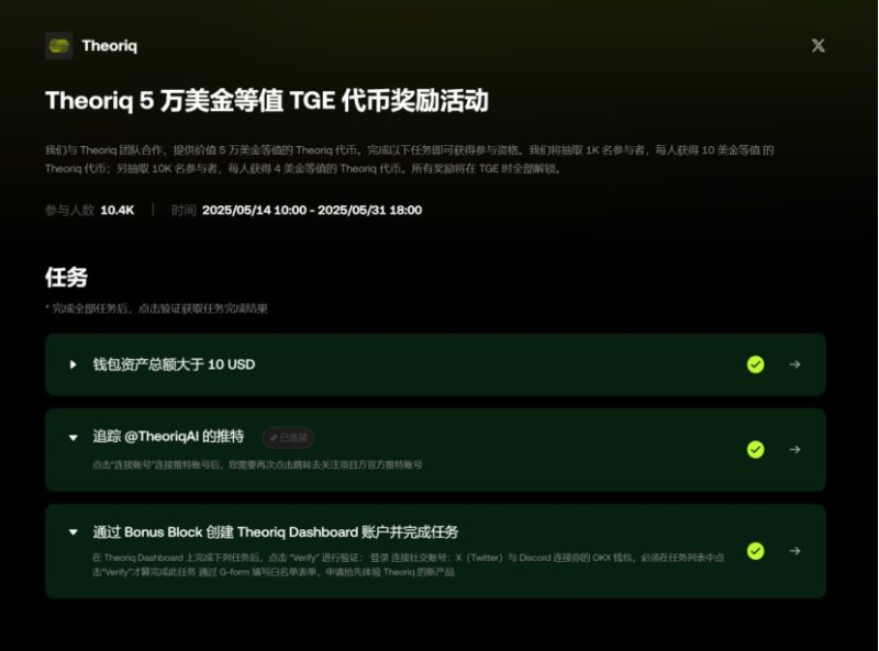 融资1020万美金的@TheoriqAI和@okxchinese 搞了一个活动，瓜分5万美金代币-空投网